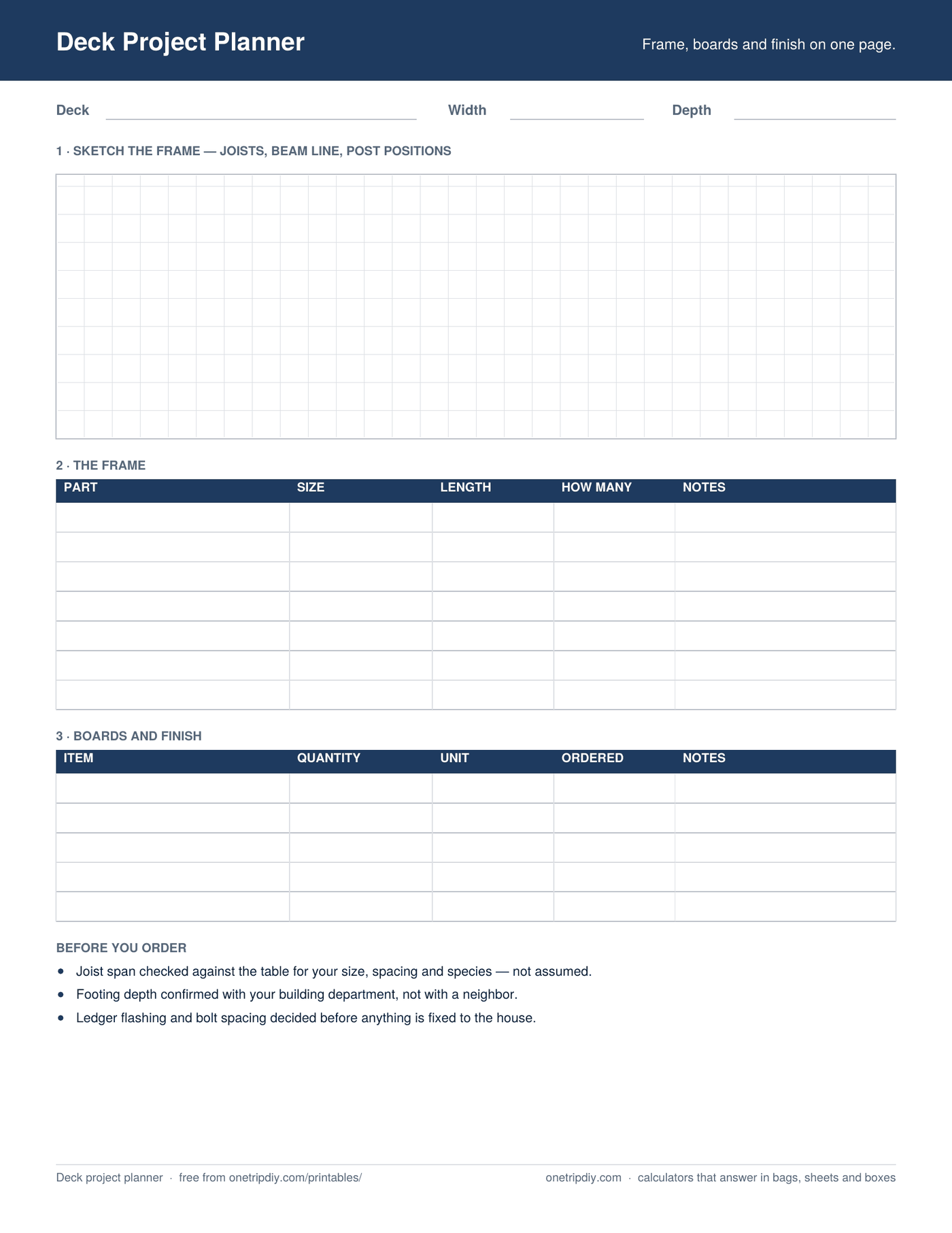 Page one of the Deck Project Planner — Frame, boards and finish on one page
