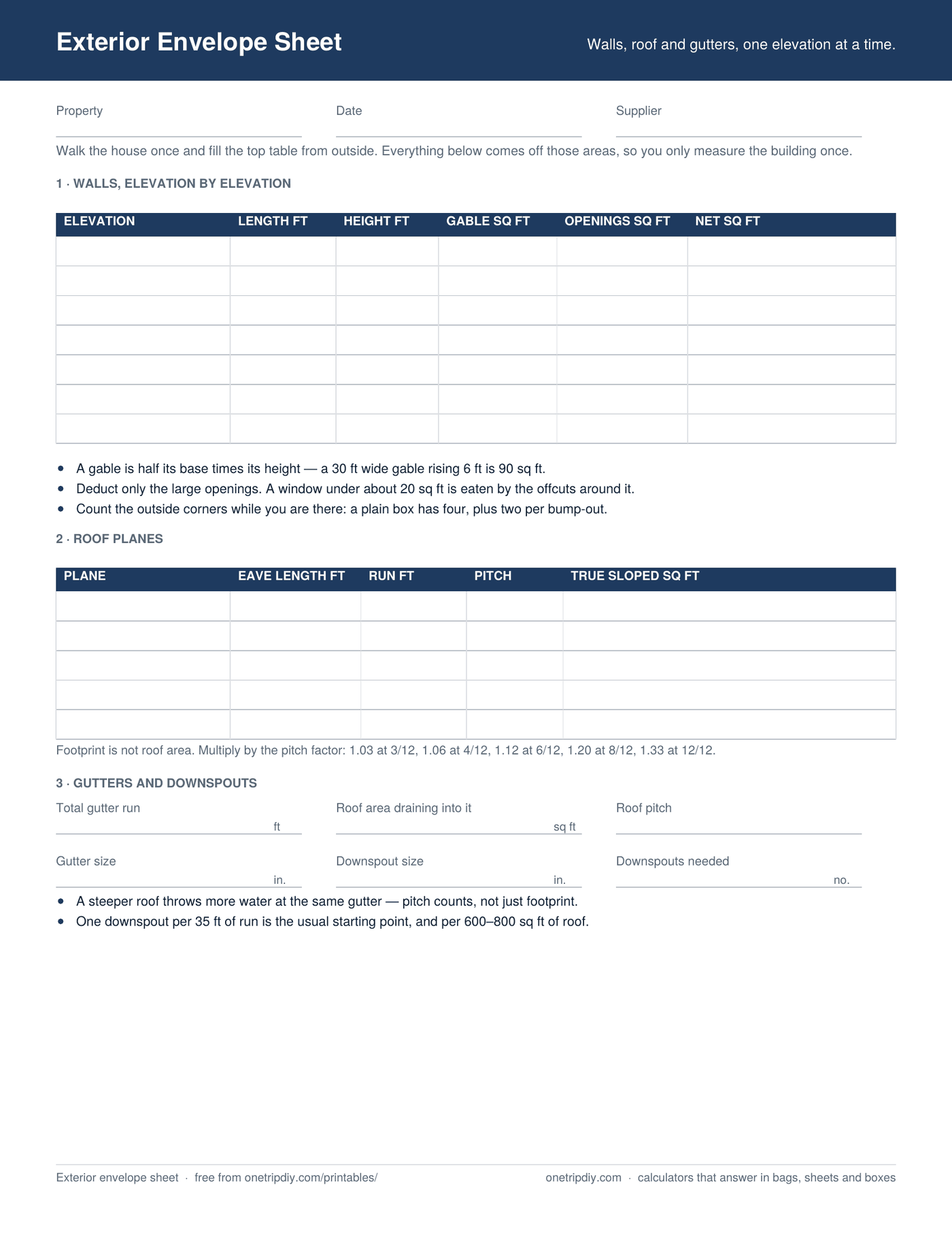 Page one of the Exterior Envelope Sheet — Walls, roof and gutters, one elevation at a time