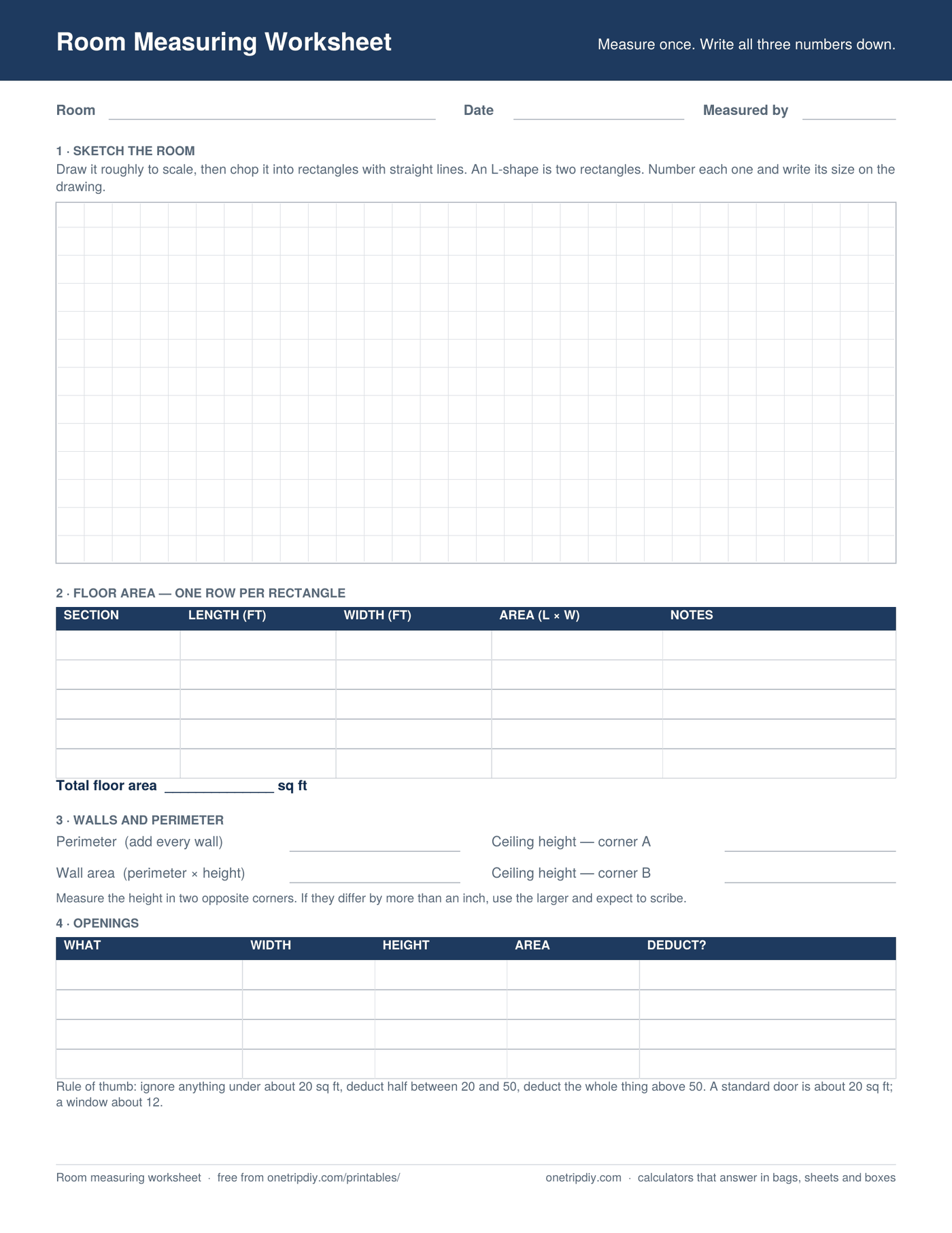 Page one of the Room Measuring Worksheet — Floor, walls, perimeter and openings on one page