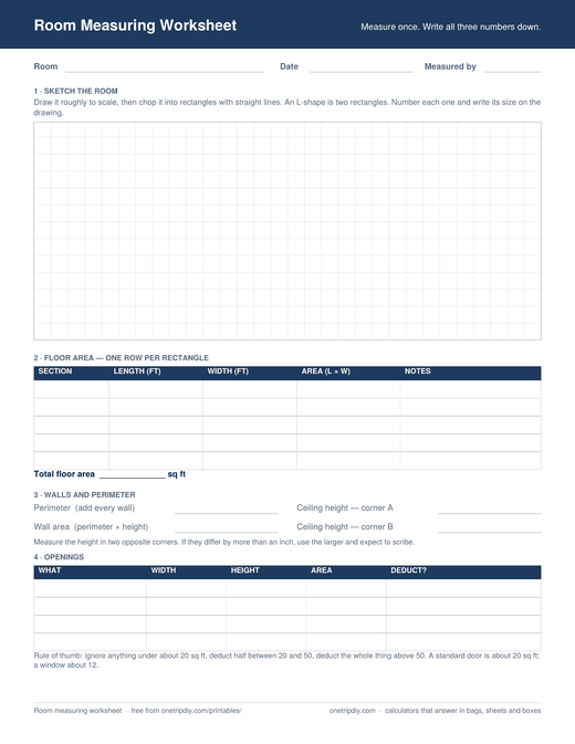The Room Measuring Worksheet — Floor, walls, perimeter and openings on one page