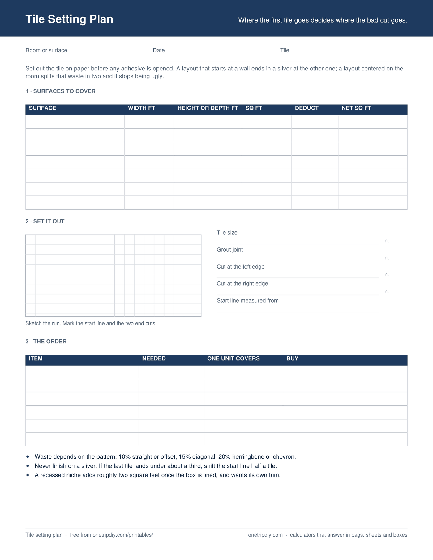 Page one of the Tile Setting Plan — Where the first tile goes decides where the bad cut goes